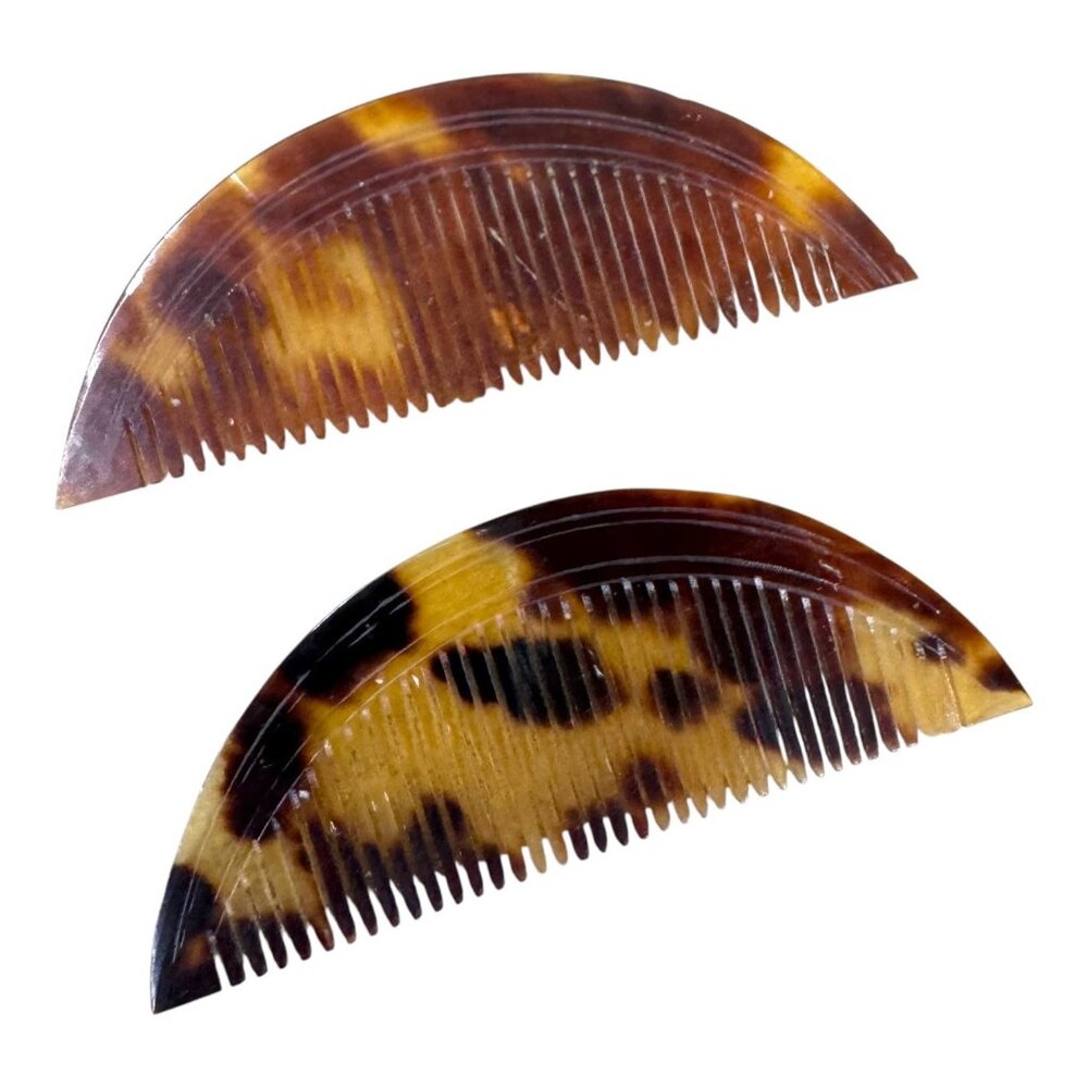 Vtg Oriental Pair Lot 2 Hair Comb Tortoise Cellulose Half Moon 3" Leopard Set